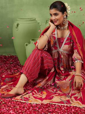 floral printed v-neck sequinned a-line kurta with salwar & dupatta 2
