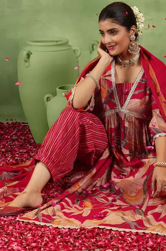 floral printed v-neck sequinned a-line kurta with salwar & dupatta