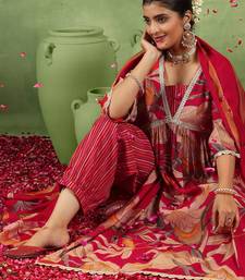 floral printed v-neck sequinned a-line kurta with salwar & dupatta