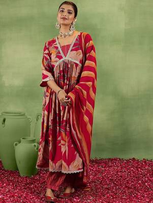 floral printed v-neck sequinned a-line kurta with salwar & dupatta 1