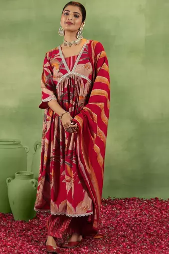 floral printed v-neck sequinned a-line kurta with salwar & dupatta