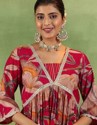floral printed v-neck sequinned a-line kurta with salwar & dupatta 3