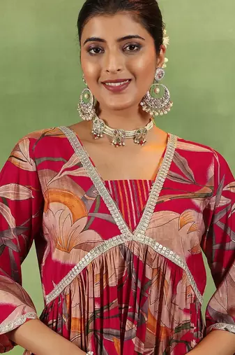 floral printed v-neck sequinned a-line kurta with salwar & dupatta