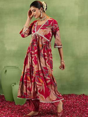 floral printed v-neck sequinned a-line kurta with salwar & dupatta 4