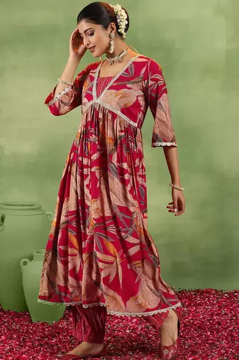 floral printed v-neck sequinned a-line kurta with salwar & dupatta