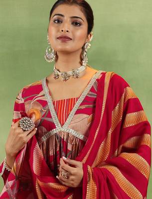 floral printed v-neck sequinned a-line kurta with salwar & dupatta 6