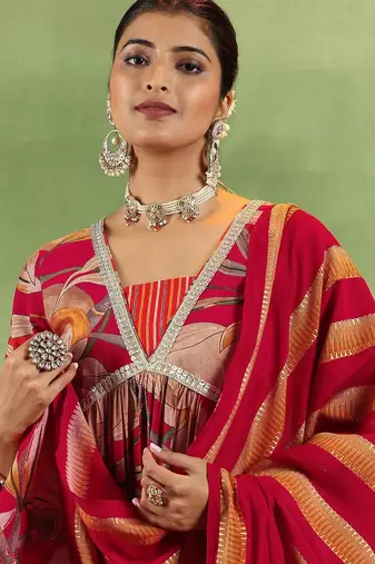 floral printed v-neck sequinned a-line kurta with salwar & dupatta