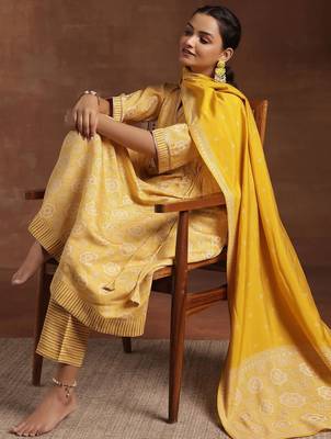 womens yellow printed anarkali kurta with trousers & dupatta 1