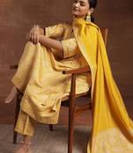 womens yellow printed anarkali kurta with trousers & dupatta