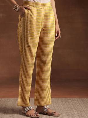 womens yellow printed anarkali kurta with trousers & dupatta 4