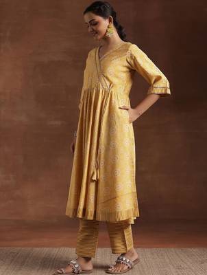 womens yellow printed anarkali kurta with trousers & dupatta 6