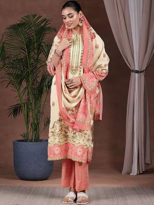 floral printed keyhole neck straight kurta with trousers & dupatta 1