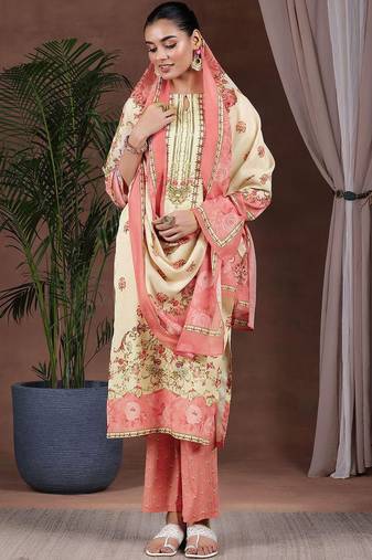 floral printed keyhole neck straight kurta with trousers & dupatta