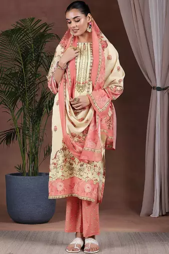 floral printed keyhole neck straight kurta with trousers & dupatta
