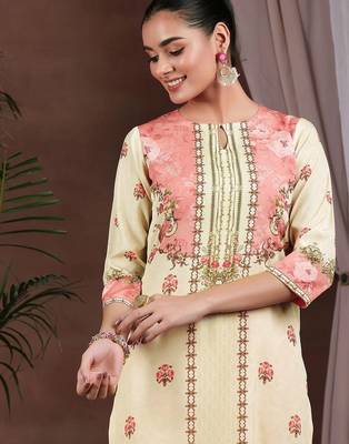 floral printed keyhole neck straight kurta with trousers & dupatta 2