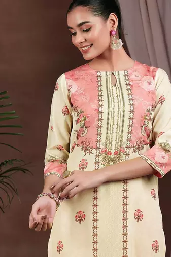 floral printed keyhole neck straight kurta with trousers & dupatta