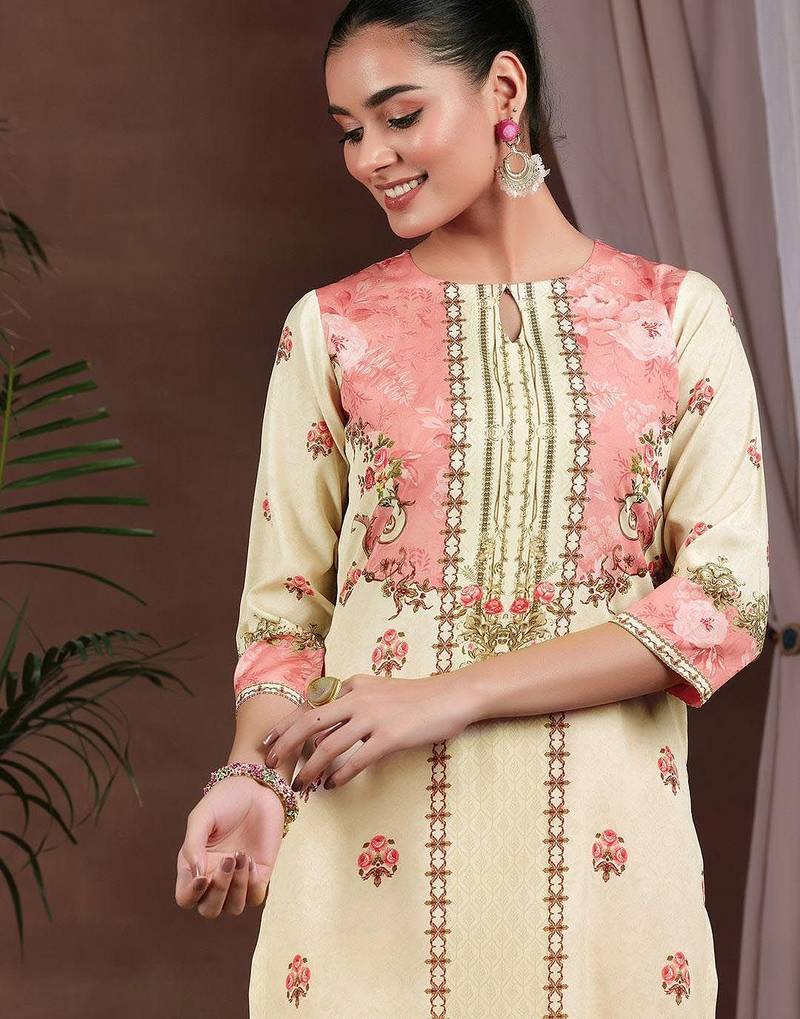 floral printed keyhole neck straight kurta with trousers & dupatta