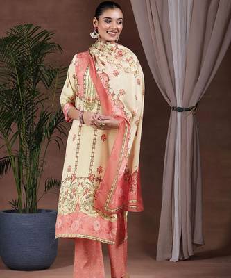 floral printed keyhole neck straight kurta with trousers & dupatta 4