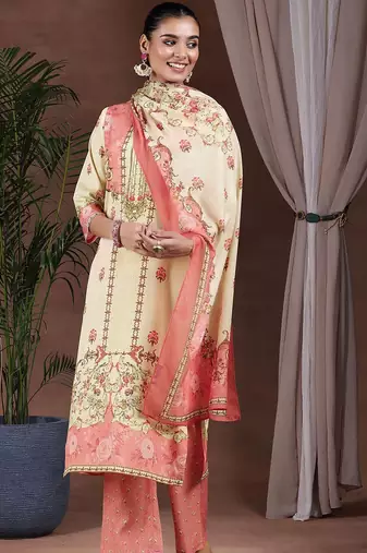floral printed keyhole neck straight kurta with trousers & dupatta