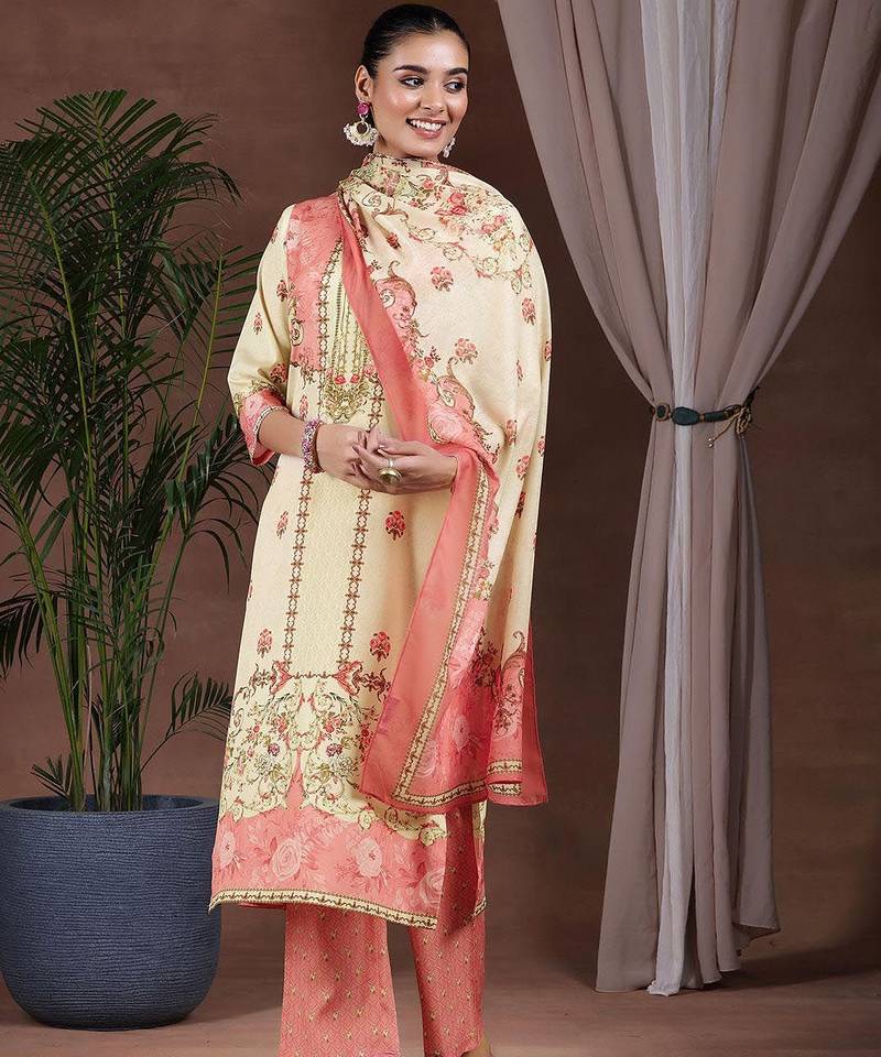 floral printed keyhole neck straight kurta with trousers & dupatta