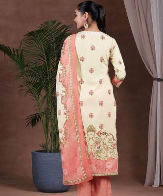 floral printed keyhole neck straight kurta with trousers & dupatta 5