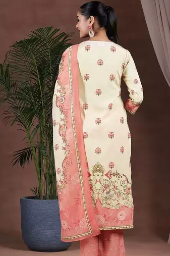 floral printed keyhole neck straight kurta with trousers & dupatta