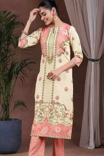 floral printed keyhole neck straight kurta with trousers & dupatta