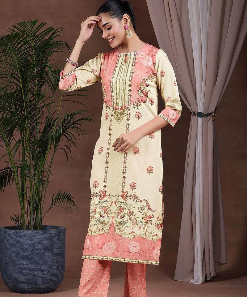 floral printed keyhole neck straight kurta with trousers & dupatta