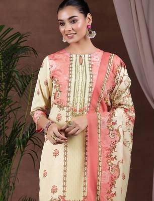 floral printed keyhole neck straight kurta with trousers & dupatta 7