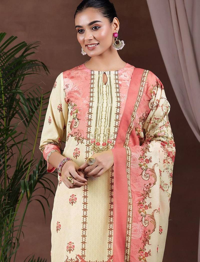 floral printed keyhole neck straight kurta with trousers & dupatta