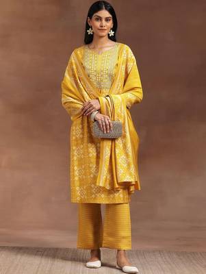 ethnic motifs printed mirror work straight kurta with trousers & dupatta 1