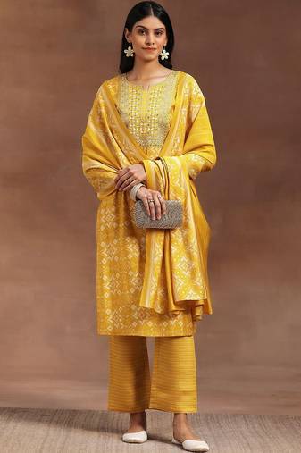 ethnic motifs printed mirror work straight kurta with trousers & dupatta