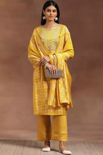 ethnic motifs printed mirror work straight kurta with trousers & dupatta