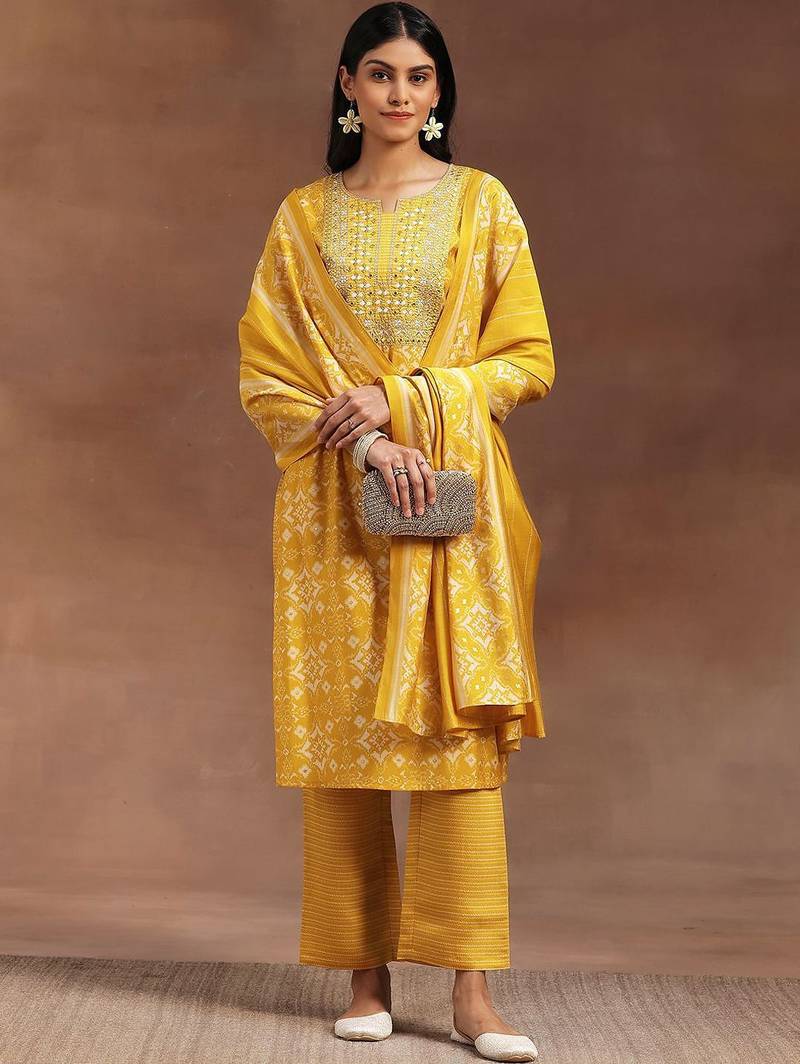 ethnic motifs printed mirror work straight kurta with trousers & dupatta