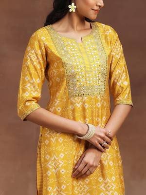 ethnic motifs printed mirror work straight kurta with trousers & dupatta 2