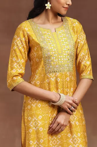 ethnic motifs printed mirror work straight kurta with trousers & dupatta