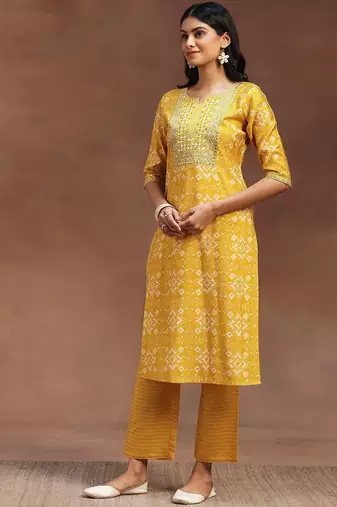ethnic motifs printed mirror work straight kurta with trousers & dupatta