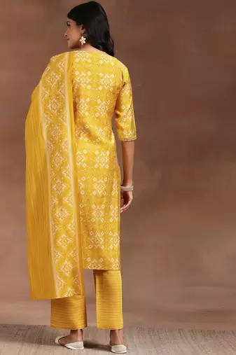 ethnic motifs printed mirror work straight kurta with trousers & dupatta
