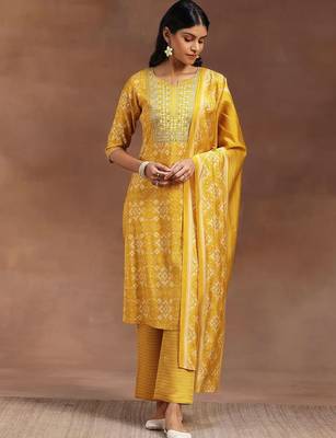 ethnic motifs printed mirror work straight kurta with trousers & dupatta 7