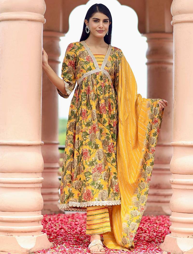 floral printed empire sequinned a-line kurta with trousers & dupatta