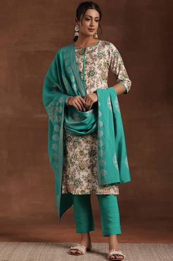 floral printed notched neck straight kurta with trousers & dupatta
