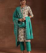 floral printed notched neck straight kurta with trousers & dupatta