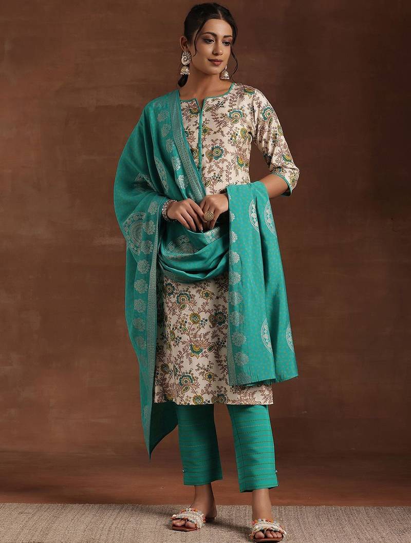 floral printed notched neck straight kurta with trousers & dupatta