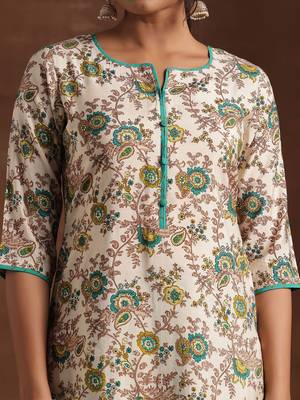 floral printed notched neck straight kurta with trousers & dupatta 2
