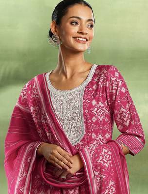 womens pink printed anarkali kurta with churidar & dupatta 2
