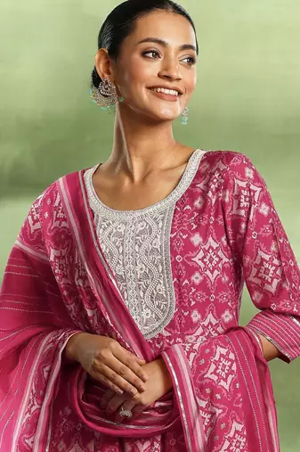 womens pink printed anarkali kurta with churidar & dupatta