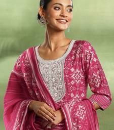 womens pink printed anarkali kurta with churidar & dupatta