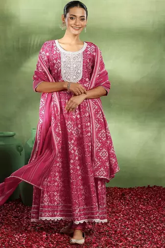 womens pink printed anarkali kurta with churidar & dupatta