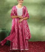 womens pink printed anarkali kurta with churidar & dupatta