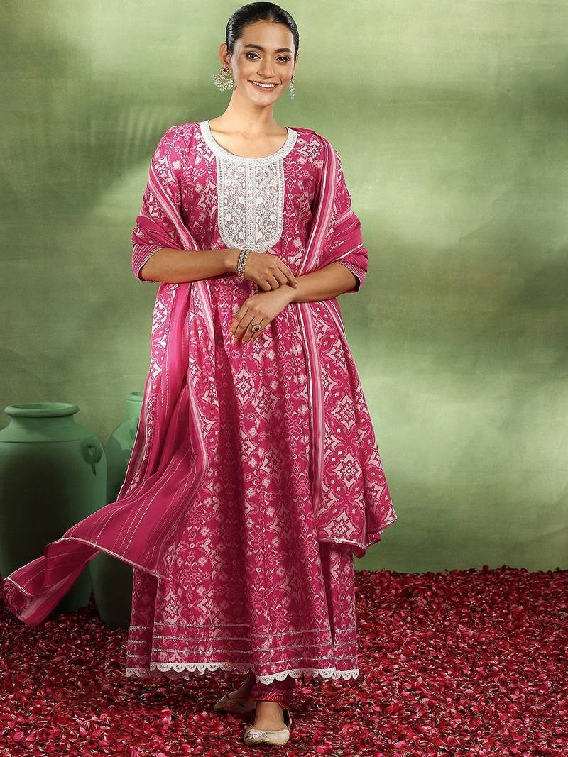 womens pink printed anarkali kurta with churidar & dupatta